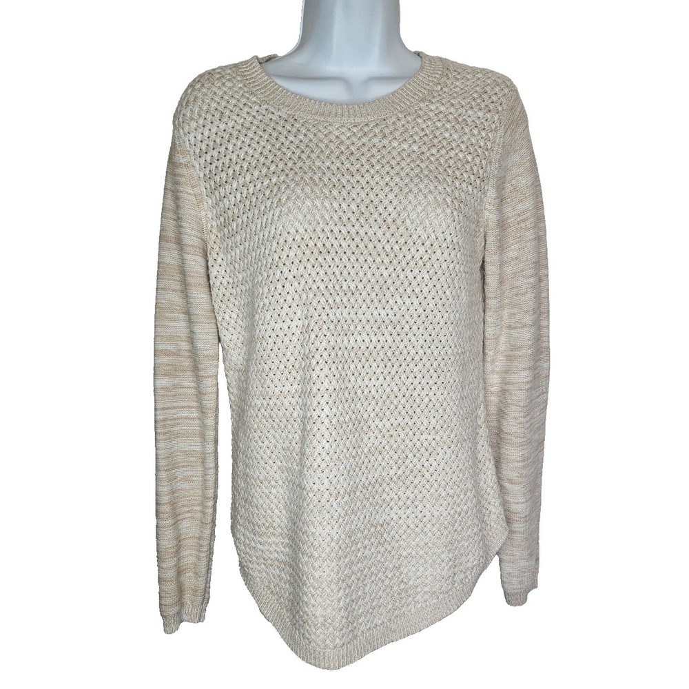 Women Oatmeal Knit Sweater Elbow Patch Crewneck Casual Preppy Cozy Classic